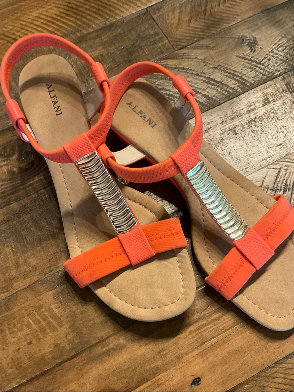 Alfani Coral Orange T-Strap Sandals with Silver Detail